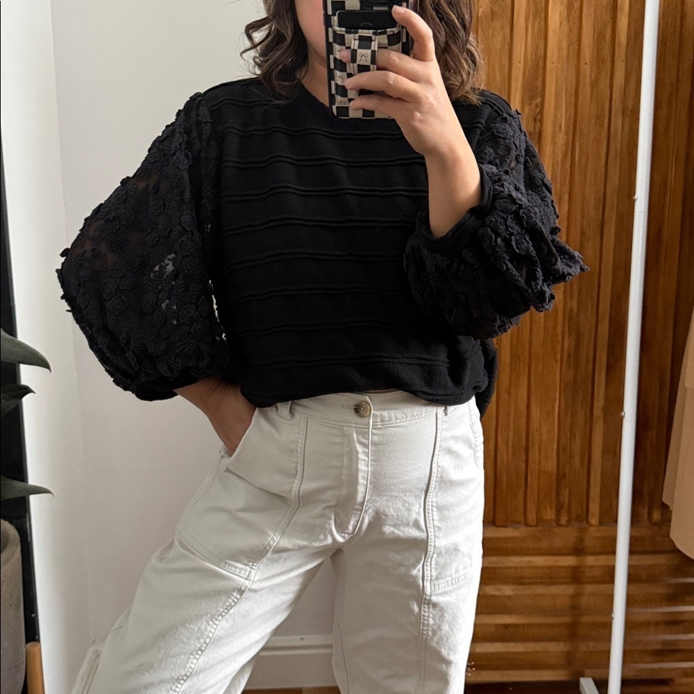 Anthropologie Eri + Ali Floral Lace Sheer Puff Sleeve Chelsea Black Blouse. L